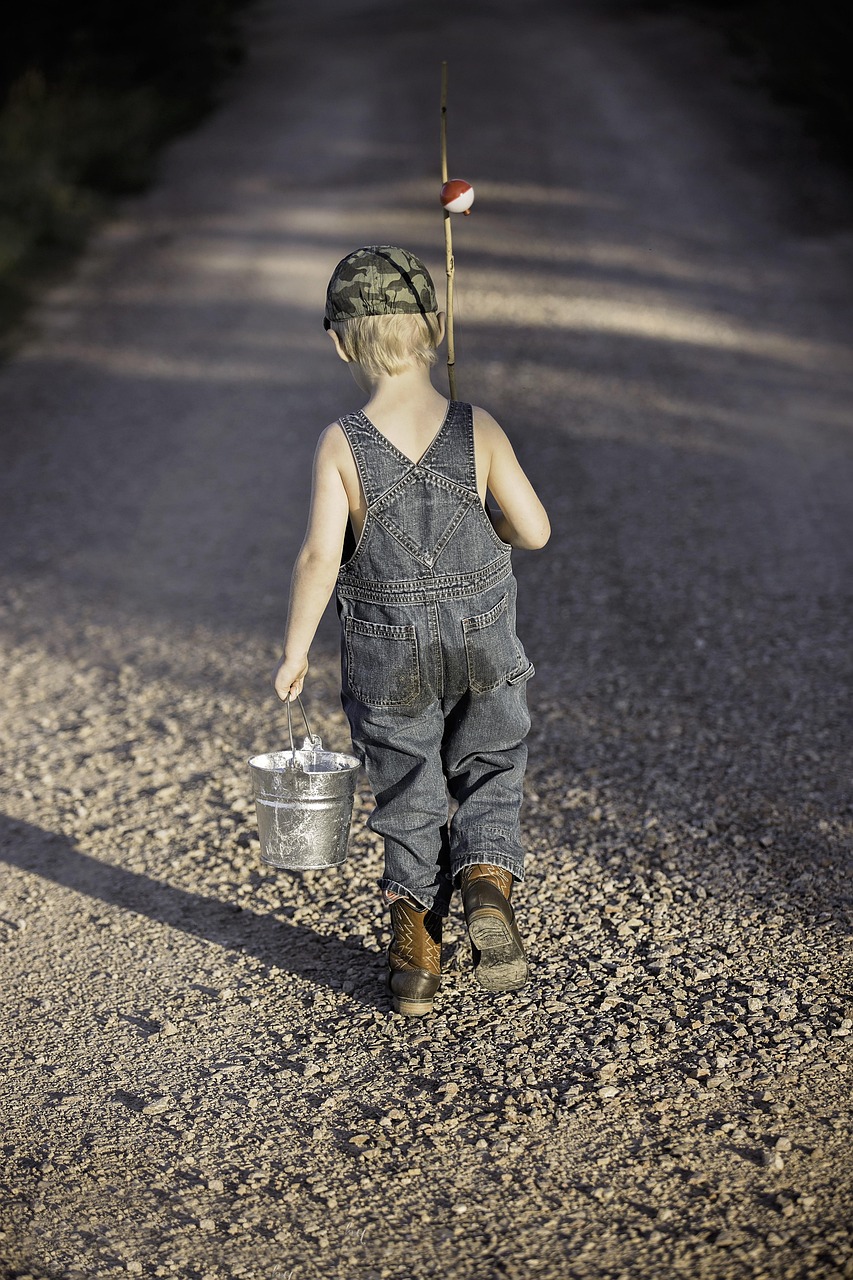story-01 boy, child, fishing rod, bucket, fishing, fisherman, kid, young, small, nature, childhood, walking, summer, adventure, lifestyle, outdoors, back view